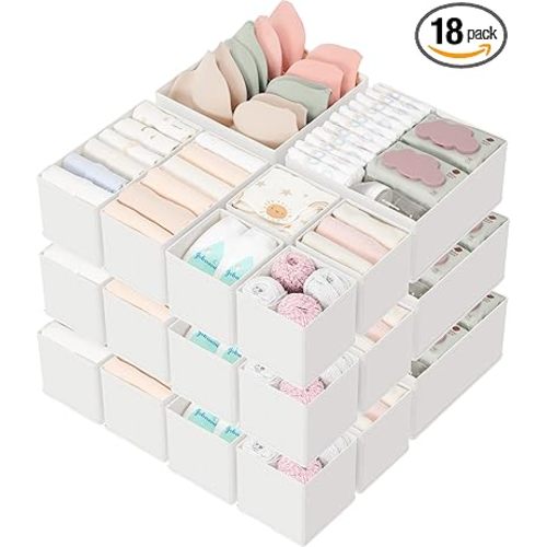 Criusia Drawer Organizers 18-Piece Set, Dresser Organizer for Baby Clothes, Foldable Closet Storage & Drawer Dividers for Underwear, Socks, Nursery, White