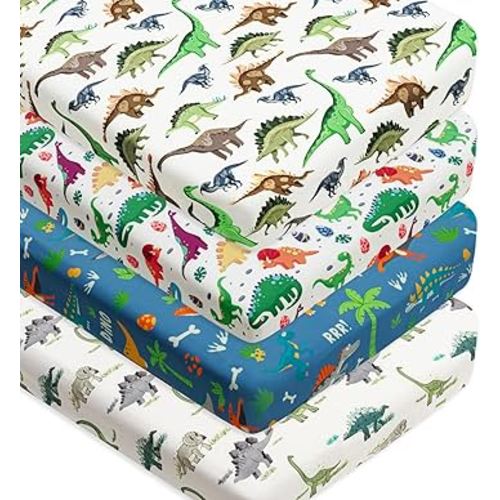 4 Pack Baby Boy Crib Sheets Set Soft Fitted Baby Boy Mattress Covers Construction Truck or Dinosaur Theme Breathable Toddler Sheets for Infant Boys (Dinosaur, Crib Sheets)