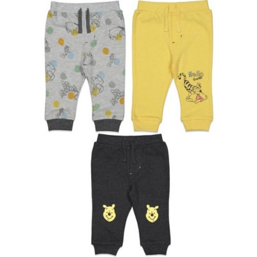 Disney Winnie the Pooh Baby Boy or Girl 3-Pack Ribbed Elastic Waist Knit Joggers Grey Yellow 3-6 Months