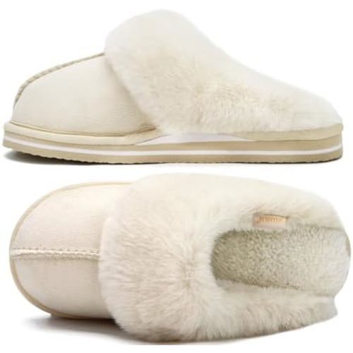 KuaiLu Womens Cozy Memory Foam Slippers Ladies Fuzzy Faux Fur Lined Warm Arch Support House Shoes Slip on Comfy Winter Scuff Indoor Outdoor Rubber Hard Sole