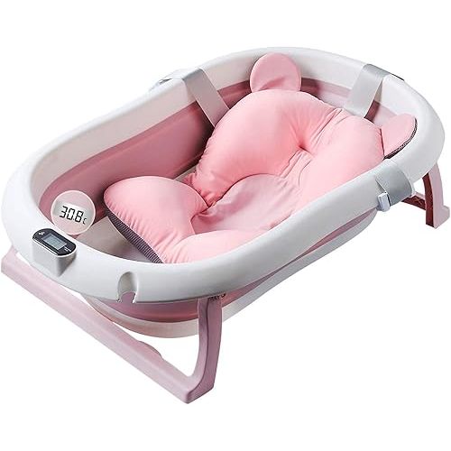Baby Bath Foldable Newborn Tub with Soft Bath Mat and Real Time Water Temperature Display, Pink