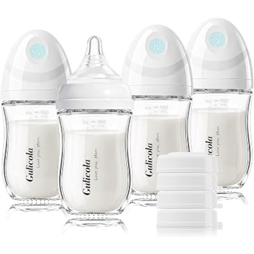 Gulicola Natural Glass Baby Bottle 4 Pack, Newborn Breastfeeding Bottles Set, Extra Slow Flow Nipples (SS), Anti Colic, 0 Months+, 5 oz - White