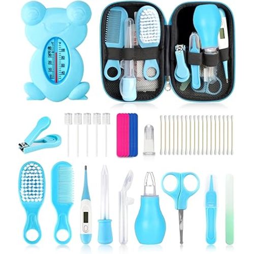 Baby Grooming and Healthcare Kit, Portable Baby Safety Care Set with Hair Brush Comb Nail Clipper Nasal Aspirator for Nursery Newborn Infant Girl Boy (25 in 1, Blue)