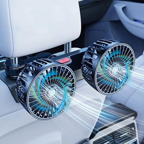 Car Cooling Fans for Backseat, Dual Head Car Fan for Backseat Kids, 360° Rotatable 3-Speed Powerful Wind, Air Circulation Fan with Adjustable Clips for Vehicles RV SUV