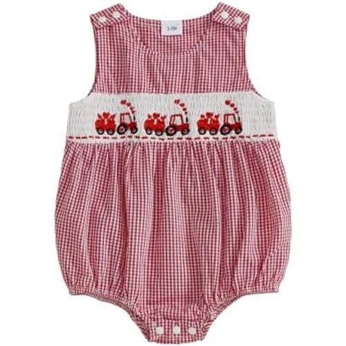 Eurvoku Newborn Baby Boy Valentines Day Outfit Embroidery Sleeveless Smocked Bubble Romper Plaid/Striped Bodysuit Jumpsuit