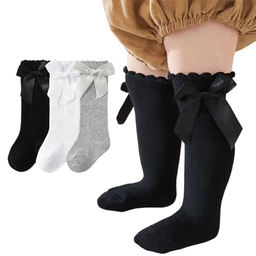 MIREAZW Baby Knee High Socks Newborn Ruffle Bow Socks Infant Long Sock Toddler Girls Uniform Stockings