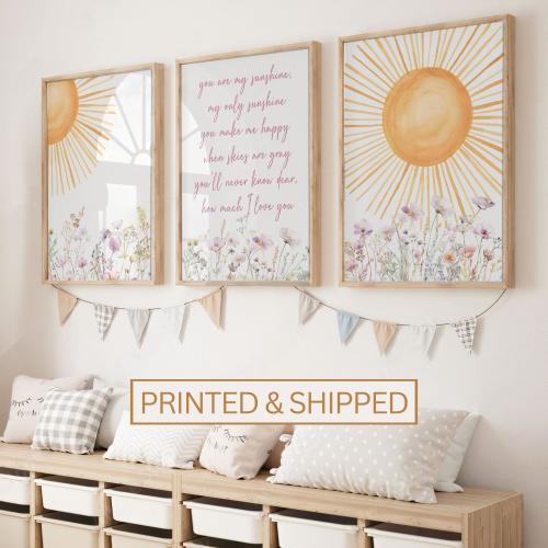 Boho Nursery Wall Art, You are my Sunshine Quote Poster, Sun Set of 3 Nursery Prints, Neutral Girl Room Decor, Wildflower Mailed Art