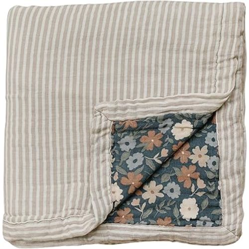 Mebie Baby Muslin Quilt, Midnight Floral and Taupe Stripe, 100% Cotton Baby Blanket for Girls and Boys, Newborns to Toddler, Soft Swaddle Blanket, 47"x47"