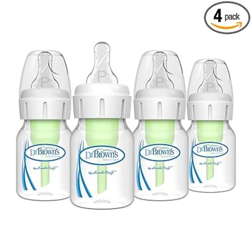 Dr. Brown's Natural Flow Anti-Colic Options+ Narrow Baby Bottle, 2 oz/60 mL, with Preemie Flow Nipple, 0m+, 4 Pack