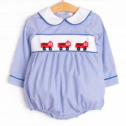 Finley Firetruck Smocked Bubble, Blue – Stitchy Fish