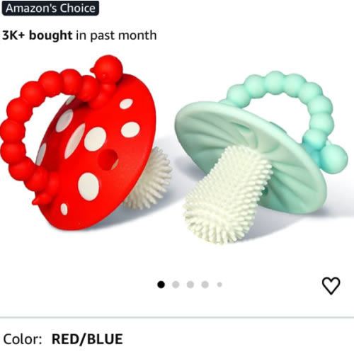 RaZbaby Soft Silicone Infant & Baby 3M+ Teether Toy Massaging Bristles Teething Relief Pacifier - Soothes Sore Gums - Hands-Free & Easy-to-Hold Chompy Teether, BPA Free (RED/Blue)