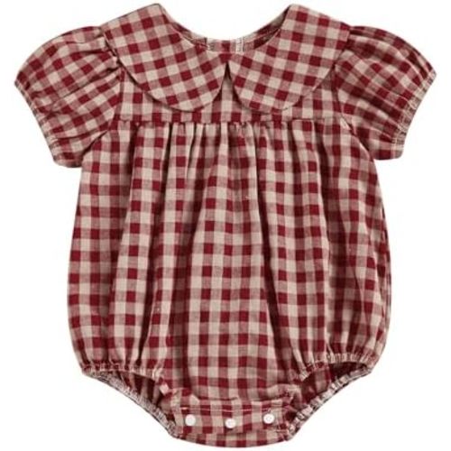 Baby Girl Summer Outfit Plaid Print Peter Pan Collar Short Sleeve Bubble Romper Gingham Bodysuit Infant Spring Clothes