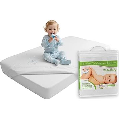 Vesta Baby Crib Mattress Protector - 52” x 28” Noiseless Waterproof Pad Cover - Absorbent Soft Jacquard Bamboo Rayon Fitted Sheet for Infant & Toddler Bed Potty Training