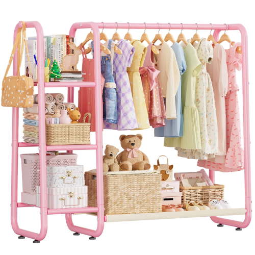 Kids Clothing Rack with 3-Tier Side Storage, Toddler Dress Up Closet Organizer, Small Garment Rack for Clothes & Toys, Pink