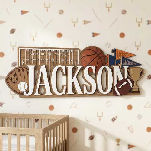 Personalized Sports Name Sign for Boys Room - Baseball Basketball Football Soccer Wall Art - Sports Theme Kids Bedroom Decor - Birthday Gift