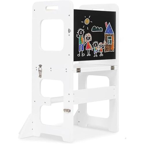 Toddler Standing Tower, Wooden Step Stool for Kids Learning Standing Tower 2-in-1 Kitchen Stool Helper with Chalkboard Montessori and Waldorf Helper for Livingroom Playroom (White Style)