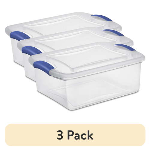 (3 pack) Sterilite 15 Quart Small Latching Storage Bin, Clear Plastic Storage Container with Latch Lid, Blue