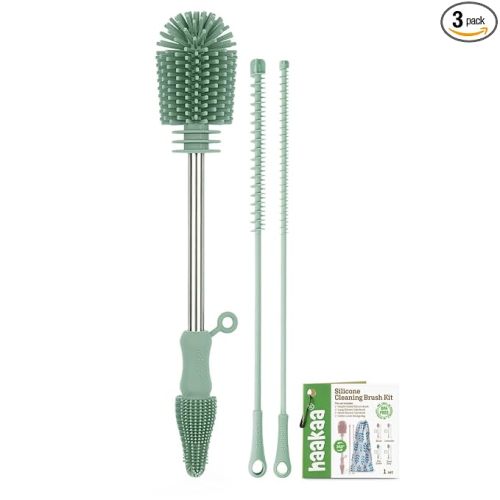 haakaa Silicone Cleaning Brush Kit - Baby Bottle Brush Cleaner for Breast Pump,Nipple,Breast Milk Storage Bag,Reusable Straw,Sippy Cup - Food Grade Silicone Bristles, Portable - 3 Pcs - Pea Green