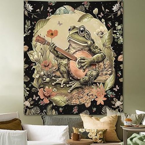 Vintage Boho Frog Tapestry for Bedroom Aesthetic, Green Music Floral Wall Covering Tapestries with Playing Banjo, Funny Frog Decor Poster Wall Hanging for Dorm Living Room (51"X60")
