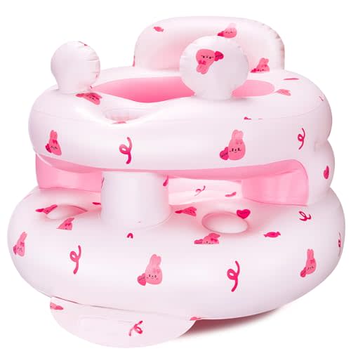 Inflatable Baby Seat for Babies 3-36 Months，[Squeaky Sound & Anti-Fall Design] Inflatable Chair with Sound-Making Ears, Baby Seat for Sitting-Up Practice, Built-in Air Pump (Pink Bunny)