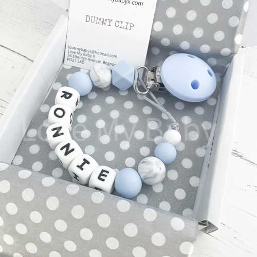 Personalised Dummy Clip | Custom Soother Holder | Soft Paci Chain | Boy Binky Holder | Newborn Gift | MAM Binky Strap, Blue Marble