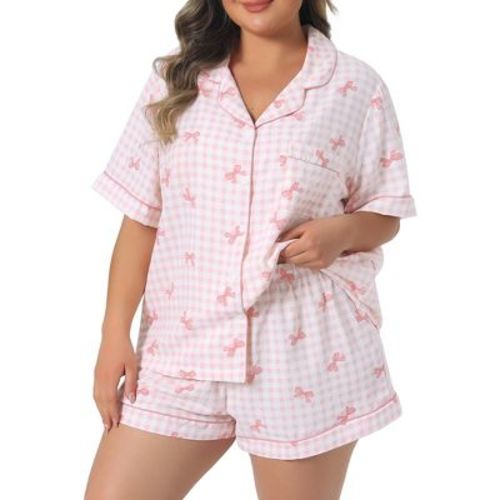 Women's Plus&nbsp;Size&nbsp;Mother's Day 2 Piece Short Sleeve Button Shirt and Boxer Shorts Bow Plaid Soft Pajama Sets with Pocket - Agnes Orinda Large Pink