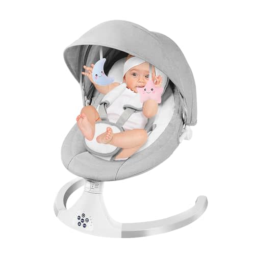 Electric Baby Swing for Infants to Toddler, Portable Baby Rocker Swinger for Newborn Boy and Girls Outdoor Indoor, 5 Swing Speeds Bluetooth Remote Control Music Speaker Lullaby Gray