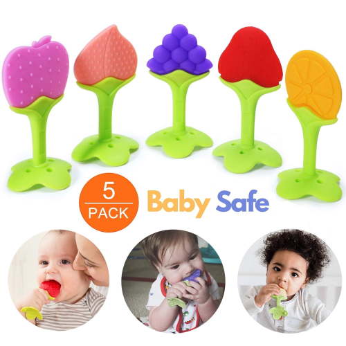 SAYLITA Baby Teething Toys, Silicone Chew Toys, 5 Pack Fruit Pacifiers for Babies 6-12 Months