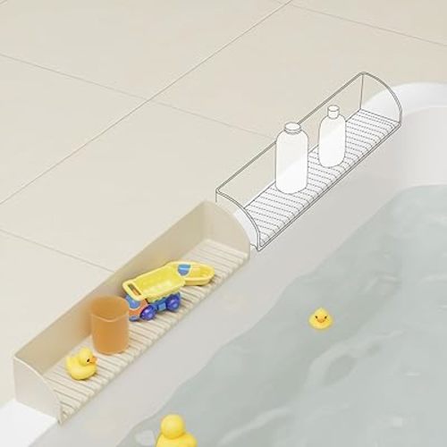 Roslim 2Pack Silicone Tub Water Splash Guard with 4 Suction Cups, Bath Toy Holder, Tub Play Shelf for Kids, Bathtub Side Splash Guard Tray, Toddler Bathroom Essentials, Beige