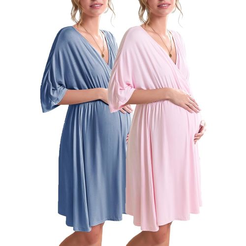 Ekouaer 3 in 1 Labor/Delivery/Hospital Gown 2 Pack Maternity Dress Nursing Nightgown Sleepwear for Breastfeeding, Blue/Pink, XXX-Large