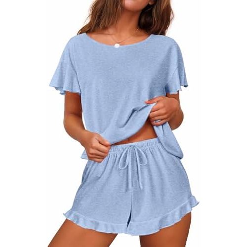 Ekouaer Women's Pajama Set Ruffle Sleeves Top and Short Soft 2 Piece Loungewear Set