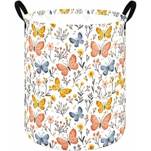 Round Laundry Hamper Flowers Butterfly Storage Basket With Handles