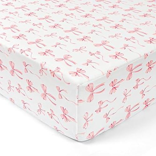 Crib Sheet for Baby Girls, Soft and Breathable Toddler Bed Sheets, Baby Fitted Crib Mattress Sheet 52"x28" Perfect for Standard Crib Mattress, Pink Bow