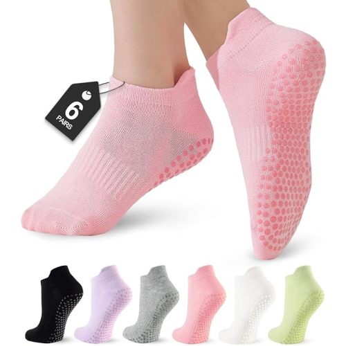 6 Pairs Pilates Socks for Women, Grip Yoga Crew Socks, Non Slip Grippy for Barre, Ballet, Dance & Hospital