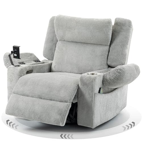 Power Oversized Swivel Rocker Recliner with Dual Motor Adjustable Headrest for Adults, Glider Rocking Chair with Vibration and Heat, USB A&C Ports, Armrest Storage, Cup Holder, Light Grey