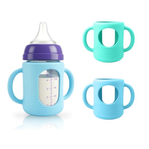 2-Pack Silicone Sleeves for New Lansinoh & Pigeon Glass Baby Bottle 5 oz | BPA-Free Drop-Resistant Baby Bottle Sleeves with Handles, Compatible with New Lansinoh & Pigeon Glass Bottles