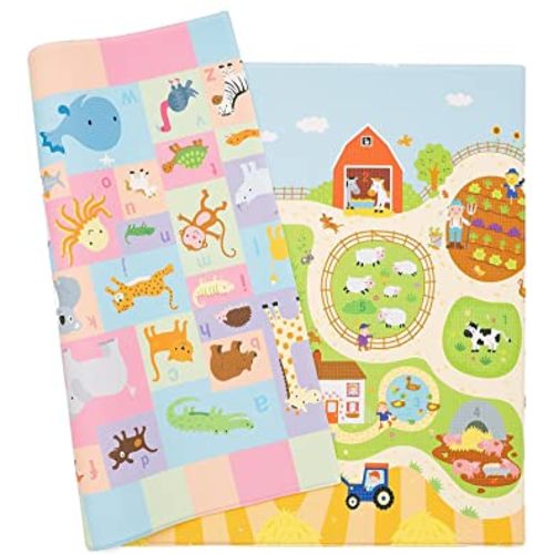 Baby Care Play Mat (Medium, Playful - Busy Farm) 73’’ x 49’’ Original One-Piece Reversible Rollable Waterproof Play Mat for Infants, Babies, Toddler, and Kids