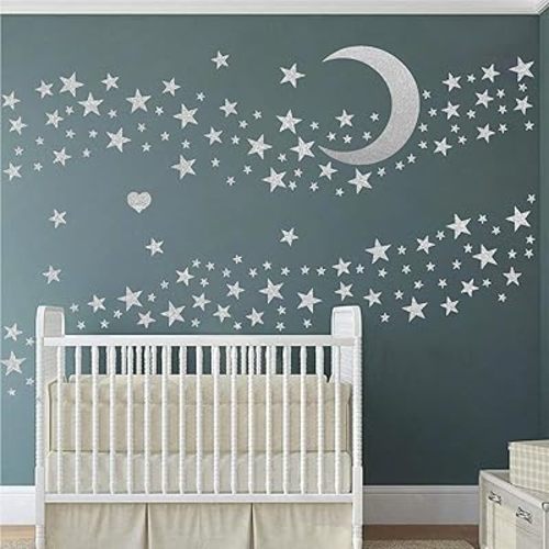 Star Wall Decals Silver Stars Moon Stickers Peel and Stick Celestial Decor