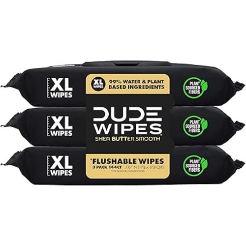 DUDE Wipes - Flushable Wipes - 3 Pack, 144 Count - Shea BUTTer Smooth Extra-Large - Vitamin-E & Aloe - Septic and Sewer Safe