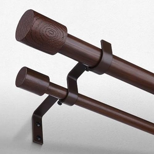 Walnut Wood Double Curtain Rod 36-184 Inch, Boho Decorative Extra Long Dual Curtain Rods for Windows, 1 Inch Adjustable Heavy Duty Metal Spliced Drapery Rods, Unique Faux Wood Grain Design