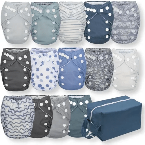 Nora's Nursery Newborn All-in-One Cloth Diaper 14-Pack with Diaper Pod for Clean Storage - Waterproof, Washable, Reusable, and Adjustable for Babies Under 12lbs - Making Waves