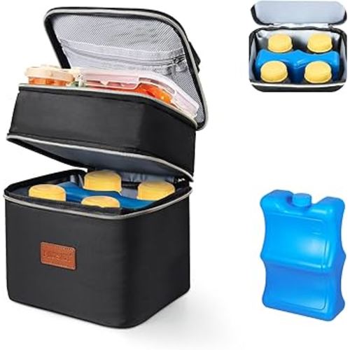 PIIOSER Breast Milk Storage Cooler Bag with Ice Pack, Fits 4 Baby Bottles Up to 5 Ounce, Small Insulated Breastmilk Cooler Travel Bag with Handle Buckle for Nursing & Working Mom Daycare (Black-XS)