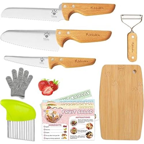Kibbidea Kids Safe Knives for Real Cooking, 11-Piece Kids Cutting Board and Kitchen Knife Set, BPA-free, Firm Grip, Serrated Child Friendly Chef Knives for Starter