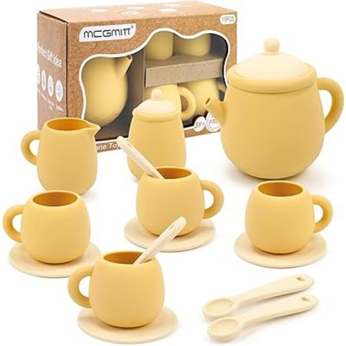 MCGMITT Toy Tea Set, Silicone Tea Party Set for Little Girls Boys, 15 Pcs BPA Free Dishwasher Safe Pretend Tea Set for Toddlers Kids Age 3-6, Non Breakable Cute Toy Kitchen Accessories for Children