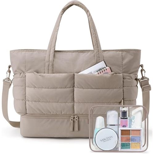 BAGSMART Large Travel Duffel Bag with Shoe Compartment, Puffer Carry-On Gym Weekender Bag for Women, Tan