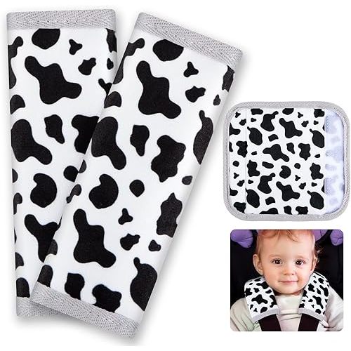 Seat Belt Cover Pad for Baby, Soft Seatbelt Cushion Covers for Kids 2Pcs Car Seat Strap Shoulder Pads for All Car Seats, Stroller, High Chair,Black White Cow
