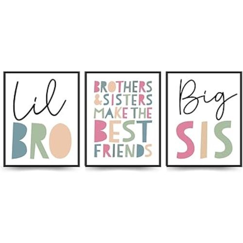 ETVISO Boho Nursery Big Sis Lil Bro Wall Art Set of 3, Kids Room Wall Art, Sisters Brothers Prints, Play Room Decor for Kids, 8x10 (Unframed)