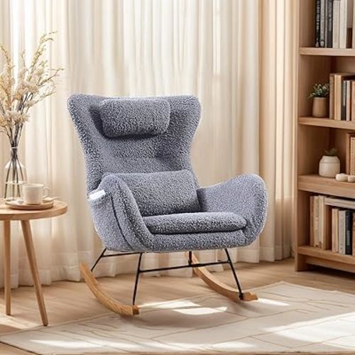 Rocking Chair Nursery Teddy, Upholstered Glider Rocker Nursery Rocking Accent Chairs with High Backrest Armchair, Recliner Armchair with Side Pocket, Comfy Living Room Chairs (Grey)
