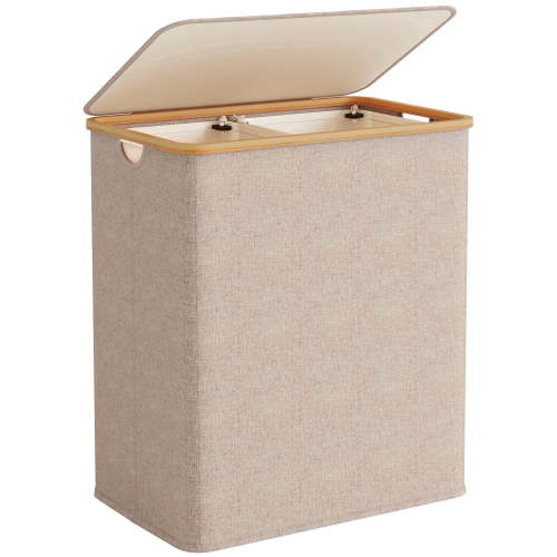 BGTREND 148L Double Laundry Basket with Lid, Clothes Hampers for Laundry with Bamboo Handles and Removable Liner Bags, Collapsible Laundry Sorter Dirty Clothes Hamper (Beige)
