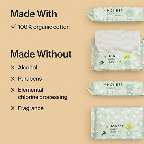 The Honest Company 100% Pure Organic Cotton Dry Wipes | Multi-Use Disposable Facial Cloth and Baby Wipe | Hypoallergenic and Gentle on Skin | 192 Count